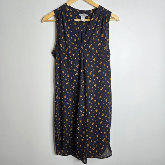 H&M Dress Womens 4 Navy Blue Yellow Floral Sleeveless V Neck Lined Fit Flare - Picture 1 of 6